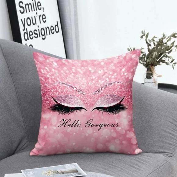 (3x) Pillowcase Eyelash print cushion without filler. Pink, champagne, & gray. - Picture 2 of 3